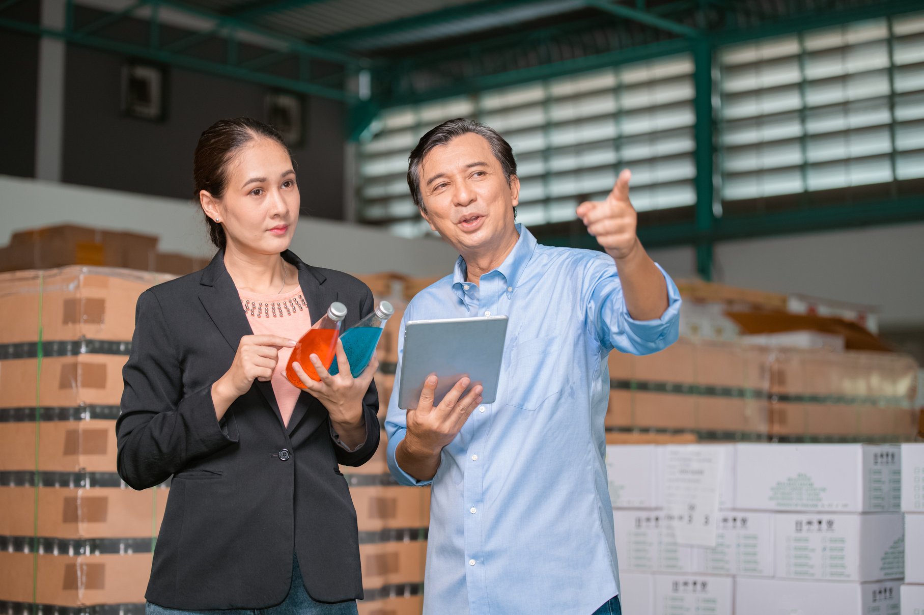 Factory Manager Talking with Quality Control Team in Food Factory for Food Quality Business Export to Customer